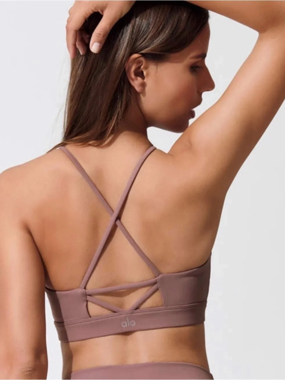 Alo Yoga Starlet Lace-Up Bra in Smoky Quartz, Size Small